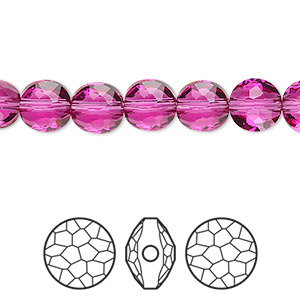 Bead, Crystal Passions&reg;, fuchsia, 8mm faceted puffed round bead (5034). Sold per pkg of 4.