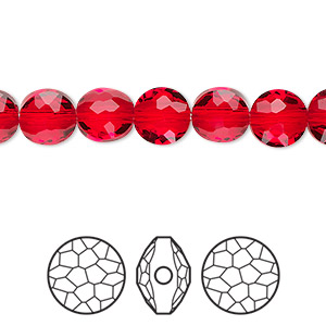 Bead, Crystal Passions&reg;, light Siam, 8mm faceted puffed round bead (5034). Sold per pkg of 4.
