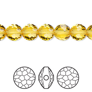 Bead, Crystal Passions&reg;, light topaz, 8mm faceted puffed round bead (5034). Sold per pkg of 4.
