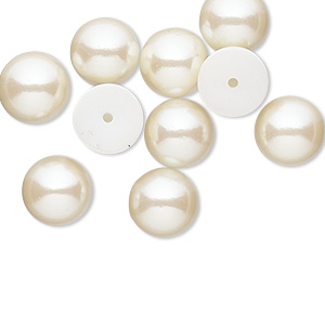 Cabochon, vintage Japanese acrylic pearl, antique white, 10mm half-drilled non-calibrated round. Sold per pkg of 10.