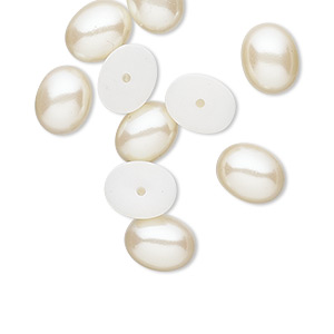 Cabochon, vintage Japanese acrylic pearl, antique white, 10x8mm half-drilled non-calibrated oval. Sold per pkg of 10.