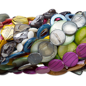Bead mix, mother-of-pearl shell (natural / bleached / dyed / coated), multicolored, 8x7mm-40mm multi-shape, Mohs hardness 3-1/2. Sold per (22) 15&quot; to 16&quot; strands.