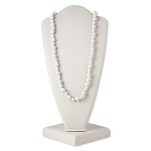 Necklace, porcelain and satin ribbon, white, 9mm and 13mm round, 32-inch knotted with tie closure. Sold individually.