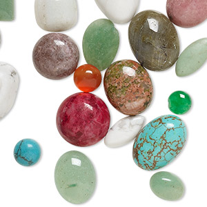 Cabochon mix, multi-gemstone (natural / dyed / stabilized / manmade / imitation), mixed colors, 4mm-18x10mm non-calibrated mixed shapes. Sold per pkg of 25.