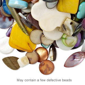 Bead / drop / focal mix, mother-of-pearl shell (natural / bleached / dyed), mixed colors, 4x3mm-35x25mm top-drilled and undrilled mixed shapes, Mohs hardness 3-1/2. Sold per 1/2 pound pkg, approximately 210 pieces.