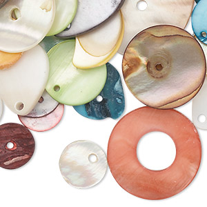 Drop / link / button mix, mother-of-pearl shell (natural / dyed / bleached), mixed colors, 10x10mm-34x28mm mixed shape, Mohs hardness 3-1/2. Sold per 1-ounce pkg, approximately 40 pieces.