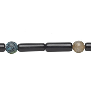 Bead, black obsidian and multi-gemstone (natural / dyed), multicolored, 6-7mm round and 12x4mm-13x4mm round tube, C grade, Mohs hardness 3 to 7. Sold per 15-inch strand.