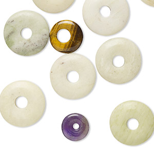 Component mix, multi-gemstone (natural / dyed / heated) and glass, mixed colors, 6-30mm mixed donut. Sold per pkg of 10.