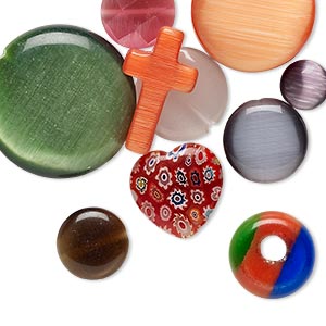 Bead and component mix, glass / millefiori glass / cat&#39;s eye glass (fiber optic glass), mixed colors, 8-24mm mixed shape. Sold per pkg of 10.
