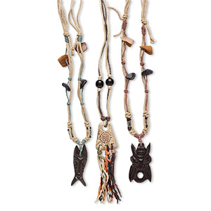 Necklace mix, ceramic / wood / bone (dyed) / cotton cord, multicolored, 28x28mm-50x38mm multi-shape, 18 inches.  Sold per pkg of 3.