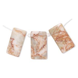 Focal and drop, redline marble (natural), 35x16mm-35x18mm and 29x16mm-30x18mm puffed rectangle with flat back, C grade, Mohs hardness 3. Sold per 3-piece set.