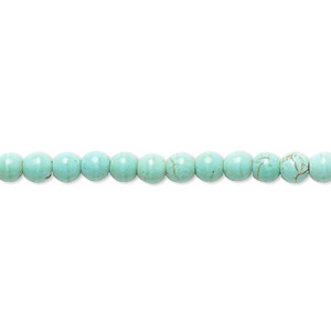 Bead, magnesite (dyed / stabilized), light teal green, 3-5mm round, B- grade, Mohs hardness 3-1/2 to 4. Sold per 15-inch strand.