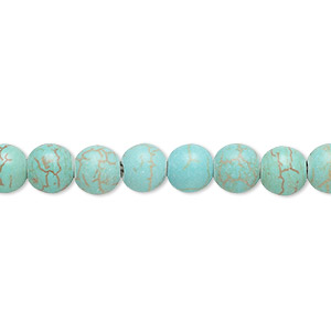Bead, magnesite (dyed / stabilized), light teal green, 5-6mm round, C grade, Mohs hardness 3-1/2 to 4. Sold per 15-inch strand.