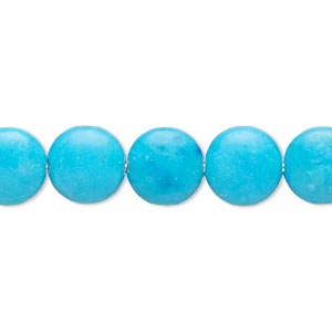 Bead, magnesite (dyed / stabilized), blue, 9-10mm puffed flat round, B- grade, Mohs hardness 3-1/2 to 4. Sold per 15-inch strand.