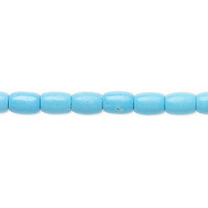 Bead, magnesite (dyed / stabilized), blue, 6x5mm-7x5mm barrel, B- grade, Mohs hardness 3-1/2 to 4. Sold per 15-inch strand.