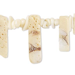 Bead, bamboo coral (bleached), white, medium chip and 16x4mm-60x5mm graduated top-drilled stick, C grade, Mohs hardness 3-1/2 to 4. Sold per 15-inch strand.