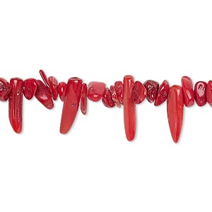 Bead, bamboo coral (dyed), red, small chip and 10x2mm-16x4mm graduated top-drilled talon, C grade, Mohs hardness 3-1/2 to 4. Sold per 15-inch strand.