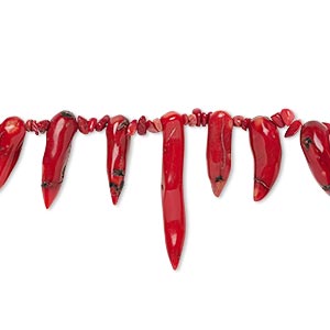 Bead, bamboo coral (dyed), red, medium chip and 16x5mm-53x12mm graduated top-drilled talon, C grade, Mohs hardness 3-1/2 to 4. Sold per 15-inch strand.