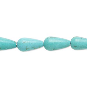 Bead, magnesite (dyed / stabilized), blue-green, 13x7mm-14x8mm teardrop, C grade, Mohs hardness 3-1/2 to 4. Sold per 15-inch strand.