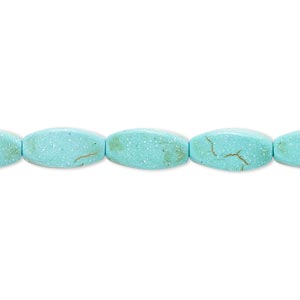 Bead, magnesite (dyed / stabilized), blue-green, 12x6mm-13x6mm twisted oval, C grade, Mohs hardness 3-1/2 to 4. Sold per 15-inch strand.
