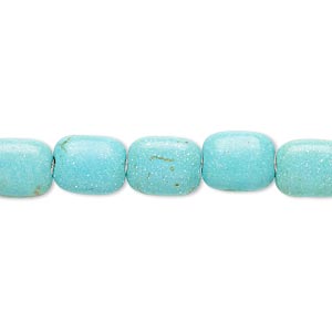 Bead, magnesite (dyed / stabilized), blue-green, 10x8mm rounded puffed rectangle, C grade, Mohs hardness 3-1/2 to 4. Sold per 15-inch strand.