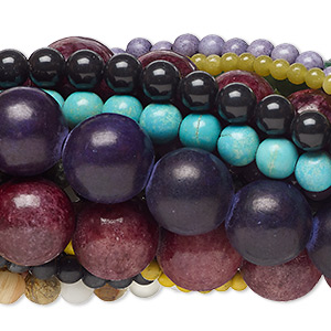 Bead mix, multi-gemstone (natural / dyed / man-made / imitation) and glass, mixed colors, 4-14mm round, C grade. Sold per (25) 15&quot; to 16&quot; strands.