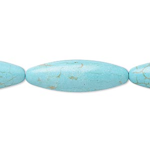 Bead, magnesite (dyed / stabilized), teal, 29x9mm-31x11mm oval, C grade, Mohs hardness 3-1/2 to 4. Sold per 8-inch strand.