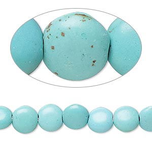 Bead, magnesite (dyed / stabilized), light teal green, 7-8mm puffed flat round, C grade, Mohs hardness 3-1/2 to 4. Sold per 15-inch strand.