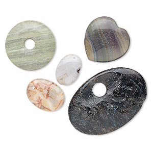 Component / focal / drop mix, multi-gemstone (natural / dyed / heated / man-made) and glass, mixed colors, 24x17mm-63x43mm mixed shape, C- grade, Mohs hardness 3 to 7. Sold per pkg of 5.