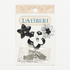 Hair clip / shoe clip kit, plastic / acrylic / silver-finished steel, silver / black / white, 28x28mm / 30x30mm / 35x35mm flower. Sold per 8-piece kit.