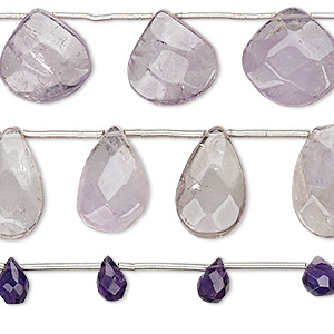 Bead mix, amethyst / chevron amethyst / lavender amethyst (natural / dyed), 8x6mm-23x18mm hand-cut top-drilled multi-teardrop, C grade, Mohs hardness 7. Sold per pkg of (3) 8-inch strands.