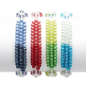 Bracelet mix, 3-strand stretch, glass and glass pearl, mixed AB colors, 4mm round and 10x8mm faceted rondelle, 7 inches. Sold per pkg of 4.