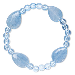 Bracelet, stretch, quartz (dyed) and acrylic, blue, 5mm round and 17x13mm-18x14mm flat teardrop, 6 inches. Sold individually.