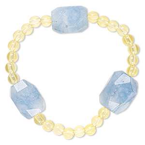 Bracelet, stretch, quartz (dyed) and acrylic, yellow and blue, 5mm round and medium to large faceted nugget, 7 inches. Sold individually.