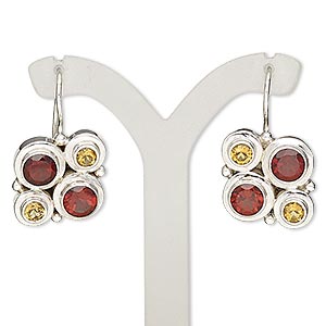 Earring, citrine (heated) / garnet (natural) / sterling silver, 29mm with fishhook ear wire and safety. Sold per pair.