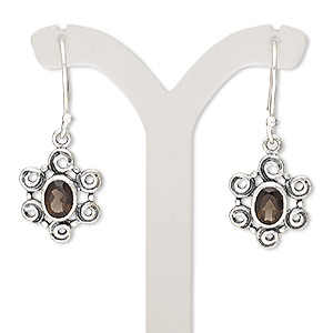Earring, smoky quartz (heated / irradiated) and sterling silver, 36mm with fancy oval and fishhook ear wire. Sold per pair.