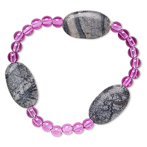 Bracelet, stretch, Picasso marble (natural) and acrylic, purple, 5mm round and 24x14mm-25x15mm flat oval, 6-1/2 inches. Sold individually.