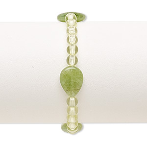 Bracelet, stretch, quartz (dyed) and acrylic, green and light yellow-green, 5mm round and 15x11mm-15x13mm puffed teardrop, 7 inches. Sold individually.