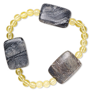Bracelet, stretch, Picasso marble (natural) and acrylic, yellow, 5mm round and 30x20mm-30x21mm flat rectangle, 6-1/2 inches. Sold individually.