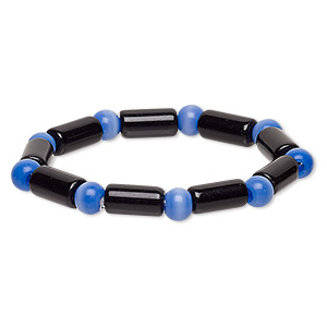 Bracelet, stretch, glass and cat&#39;s eye glass, opaque cobalt and black, 7-8mm round and 14x7mm-15x8mm round tube, 7 inches. Sold individually.