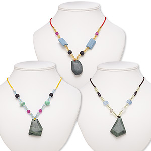Necklace component mix, serpentine / multi-gemstone (natural / dyed) / acrylic / nylon / glass, multicolored, 36x26mm-54x37mm freeform, 20-inch continuous loop. Sold per pkg of 3.