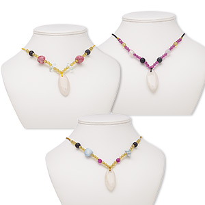 Necklace mix, white agate / multi-gemstone (natural / dyed) / acrylic / nylon / glass, multicolored, 45x20mm-46x22mm marquise, 20- to 24-inch continuous loop. Sold per pkg of 3.