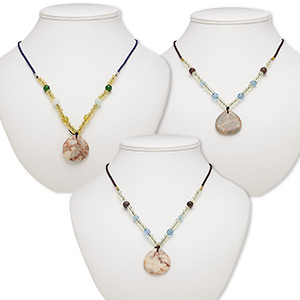 Necklace mix, redline marble / multi-gemstone (natural / dyed) / nylon / acrylic / glass, multicolored, 29x28mm-31x31mm teardrop, 20- to 24-inch continuous loop. Sold per pkg of 3.
