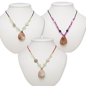 Necklace mix, pink lepidolite / multi-gemstone (natural / dyed) / nylon / acrylic / glass, multicolored, 39x30mm-43x32mm twisted teardrop, 20- to 24-inch continuous loop. Sold per pkg of 3.