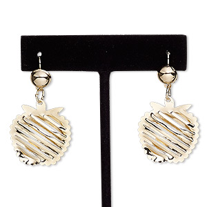 Earring, gold-finished steel, 1-1/2 inches with apple and fishhook