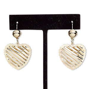 Earring, gold-finished steel, 1-1/2 inches with heart and fishhook ear wire with safety. Sold per pair.