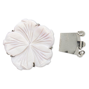 Clasp, 3-strand tab, mother-of-pearl shell (dyed) and silver-finished ...