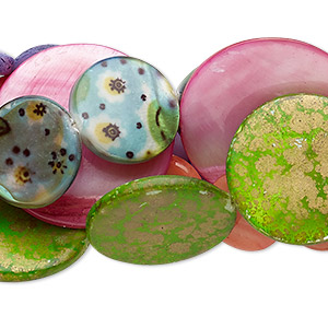 Bead mix, mother-of-pearl shell (natural / bleached / dyed / coated), mixed colors, 9-30mm puffed flat round with decal, Mohs hardness 3-1/2. Sold per pkg of (5) 14- to 15&quot; to 16&quot; strands.