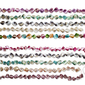 Bead mix, mother-of-pearl shell (natural / bleached / dyed), mixed colors, medium to large diagonally drilled nugget, Mohs hardness 3-1/2. Sold per pkg of (5) 14- to 16-inch strands.