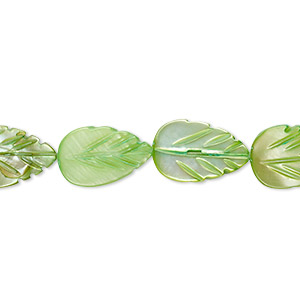 Bead, mother-of-pearl shell (dyed), spring green, 14x9mm carved leaf, Mohs hardness 3-1/2. Sold per 15&quot; to 16&quot; strand.